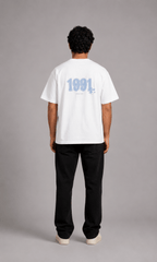 Model wearing Pull&Bear 1991 Oversized Graphic Tee - front view full body