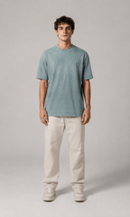 Oversized Washed Tee Sage Blue – Full front view on model