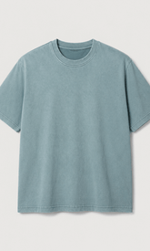 Oversized Washed Tee Sage Blue – Close-up front view on model