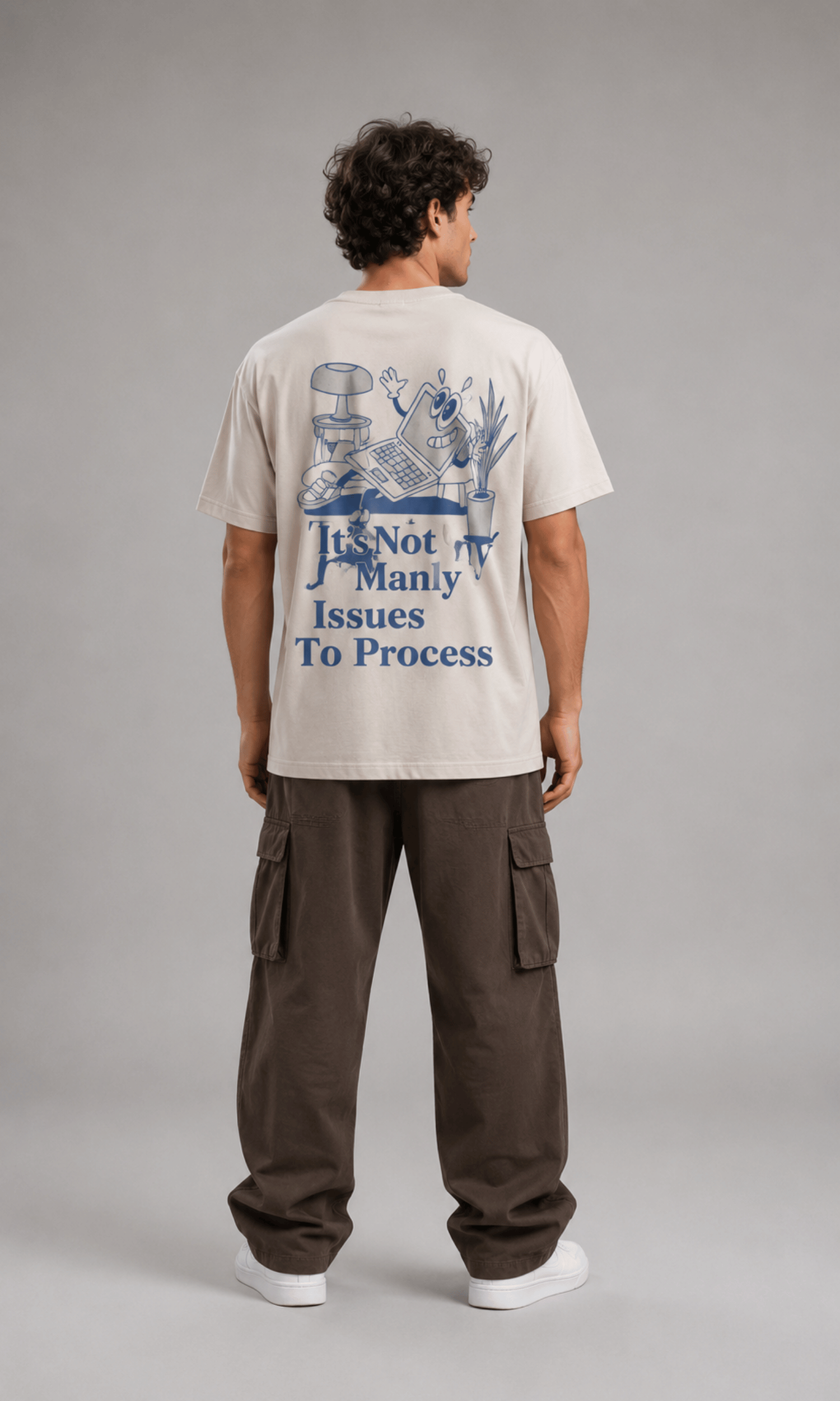 Model wearing It's Not Manly Issues To Process tee - close-up back view