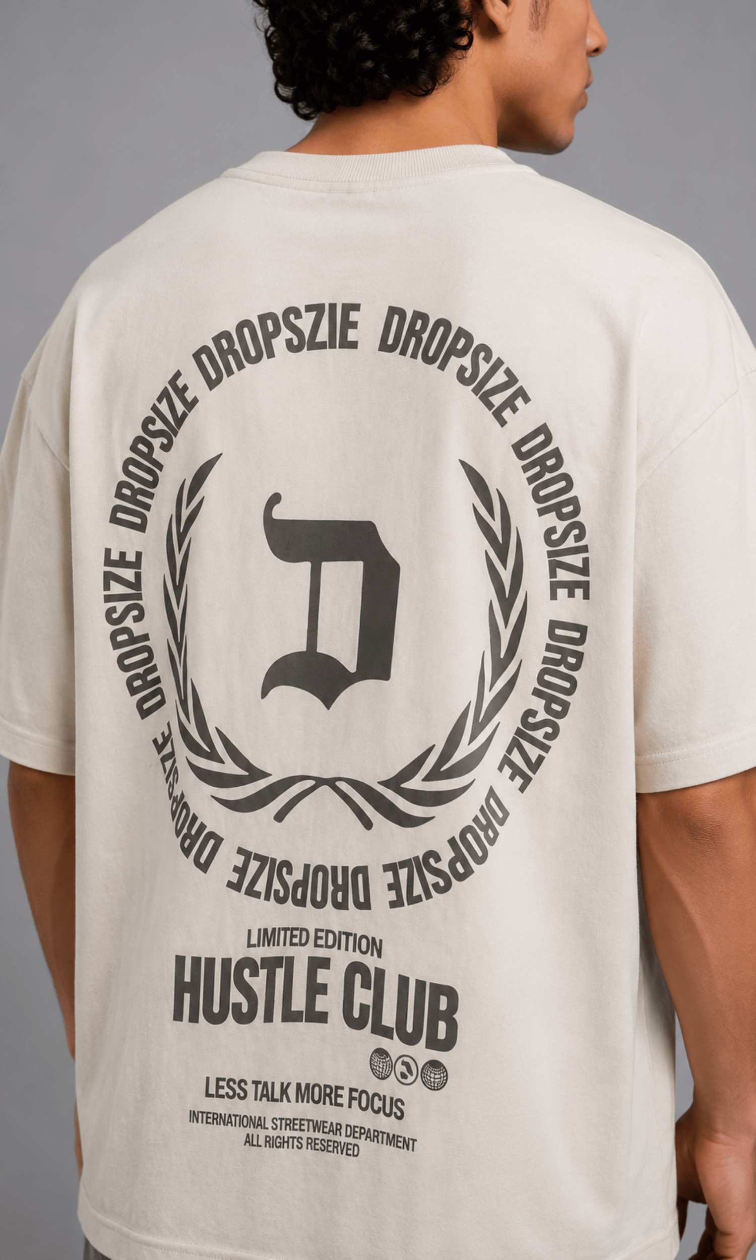 Dropsize Hustle Club Tee - Back view on model with jeans