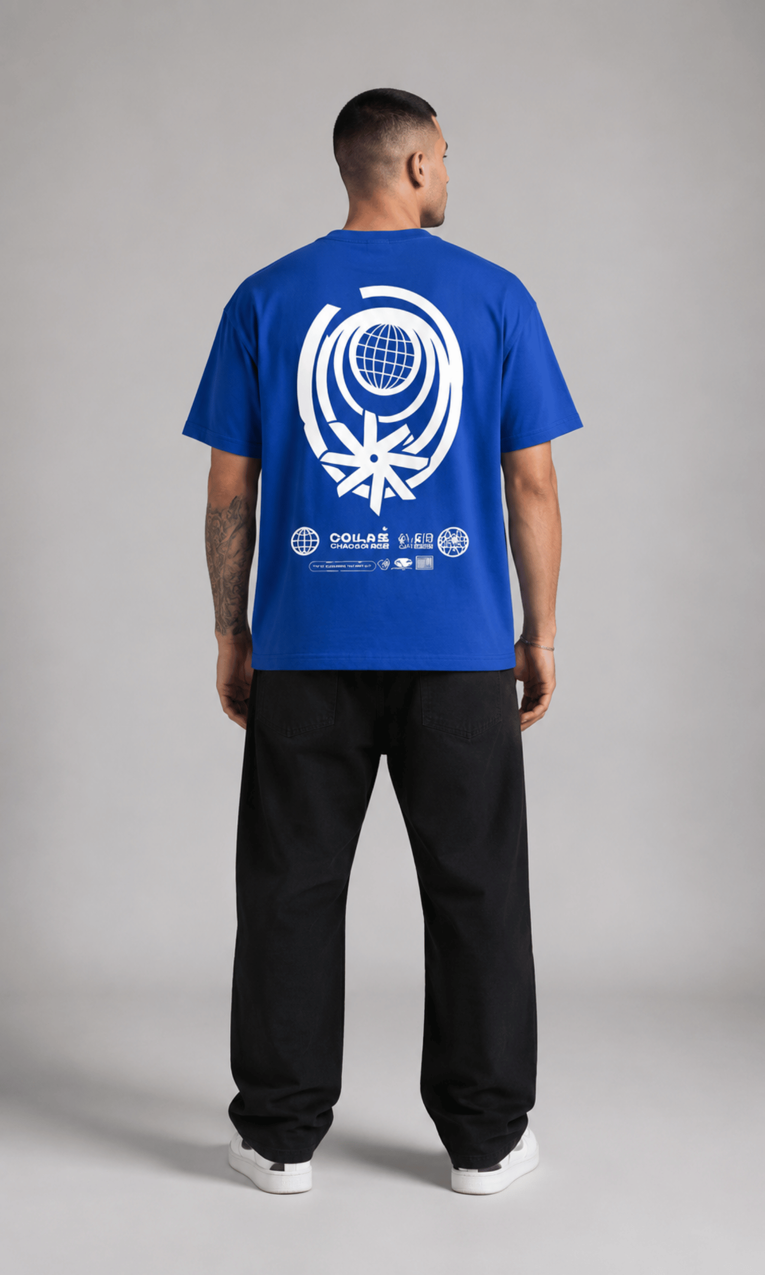 Blue Globe Graphic Tee - back on model full body