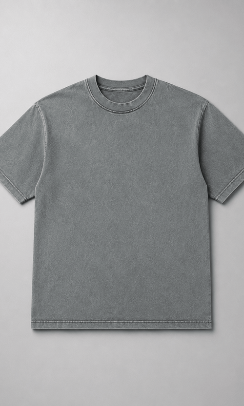 Male model wearing acid wash grey oversized t-shirt full body back