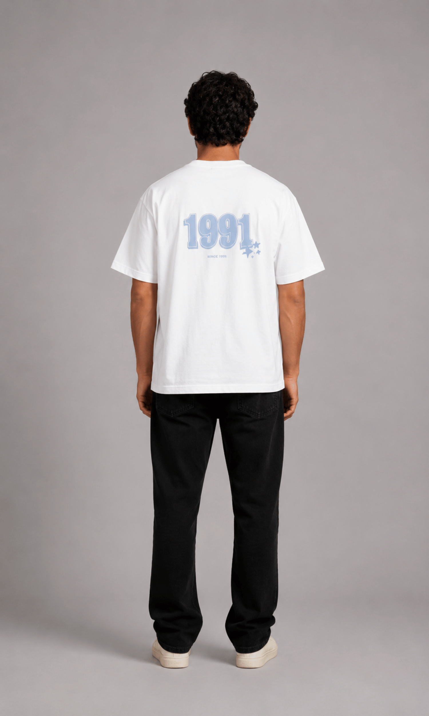 Model wearing Pull&Bear 1991 Oversized Graphic Tee - front view full body