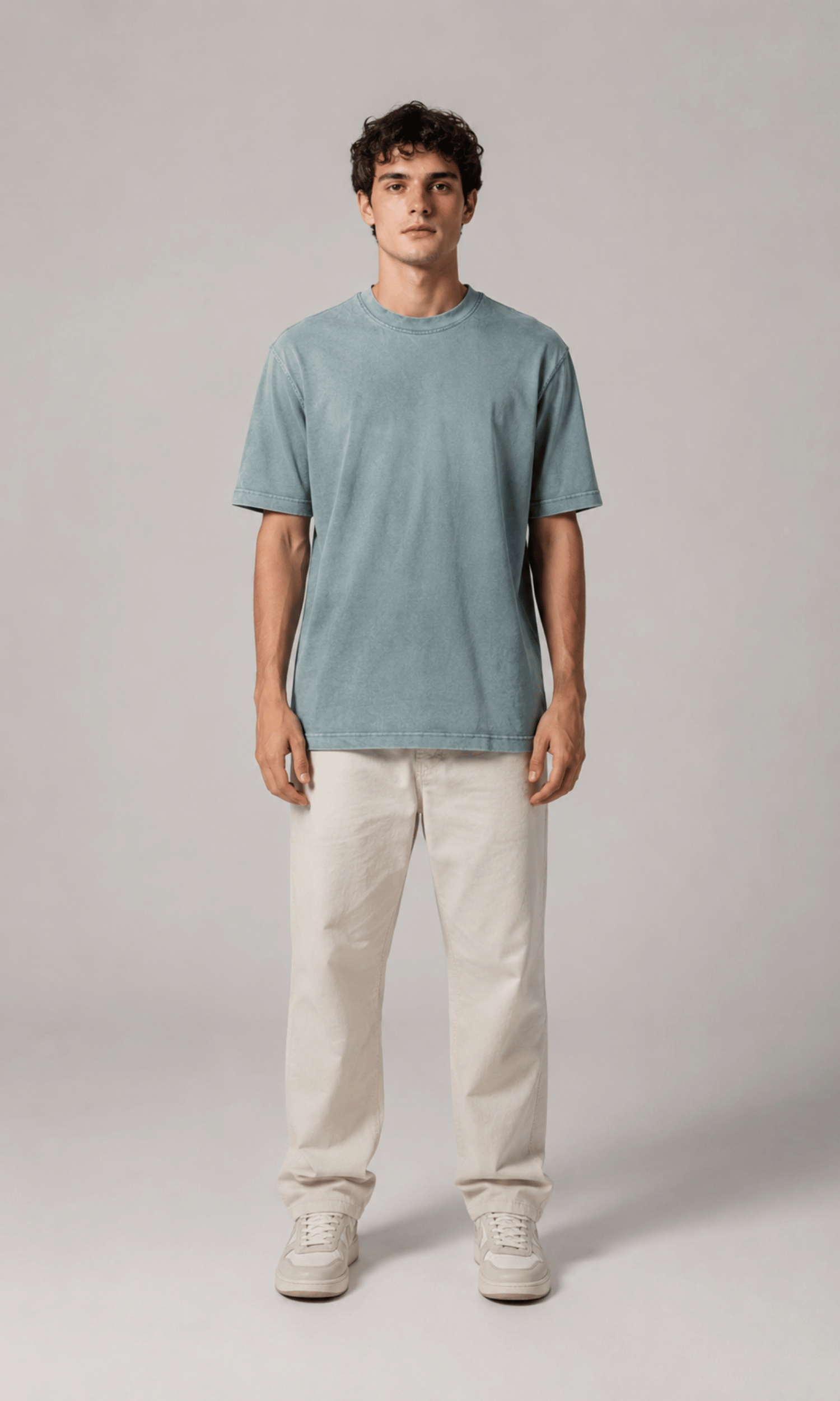 Oversized Washed Tee Sage Blue – Full front view on model