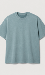 Oversized Washed Tee Sage Blue – Close-up front view on model