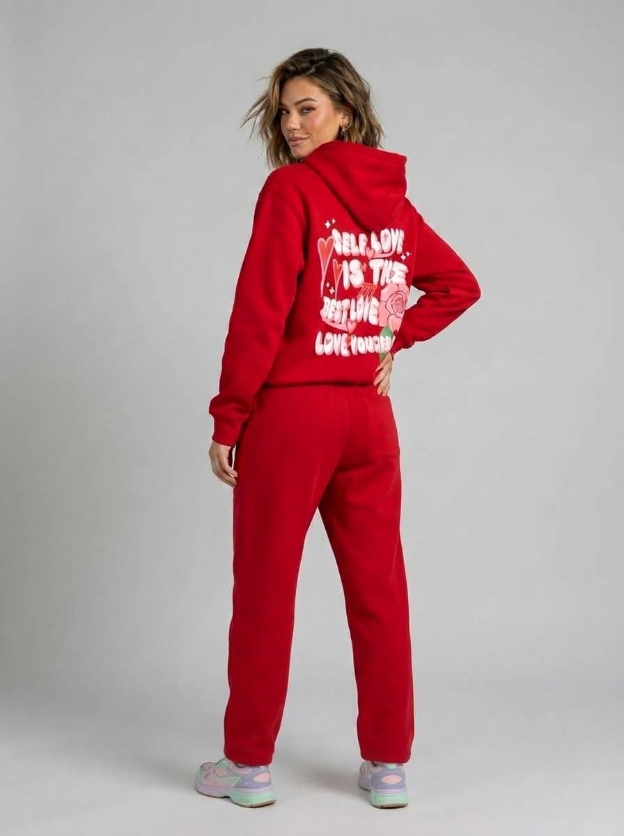 Back view of the ZYVRO Star Heart tracksuit in red, printed with Self Love Is The Best Love and a rose